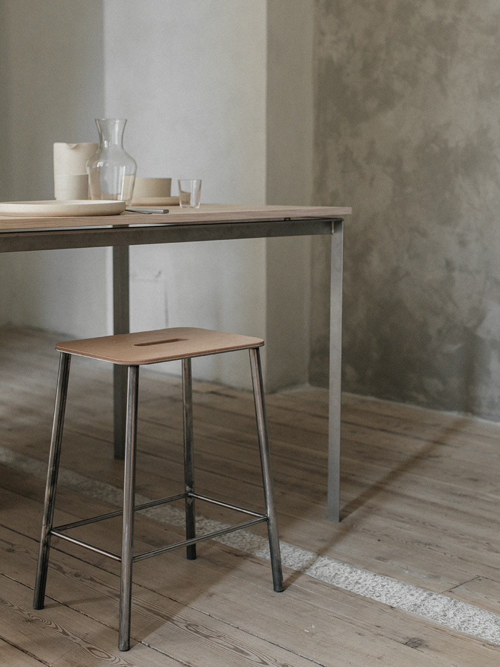 Adam Stool Raw Steel With Leather, Frama